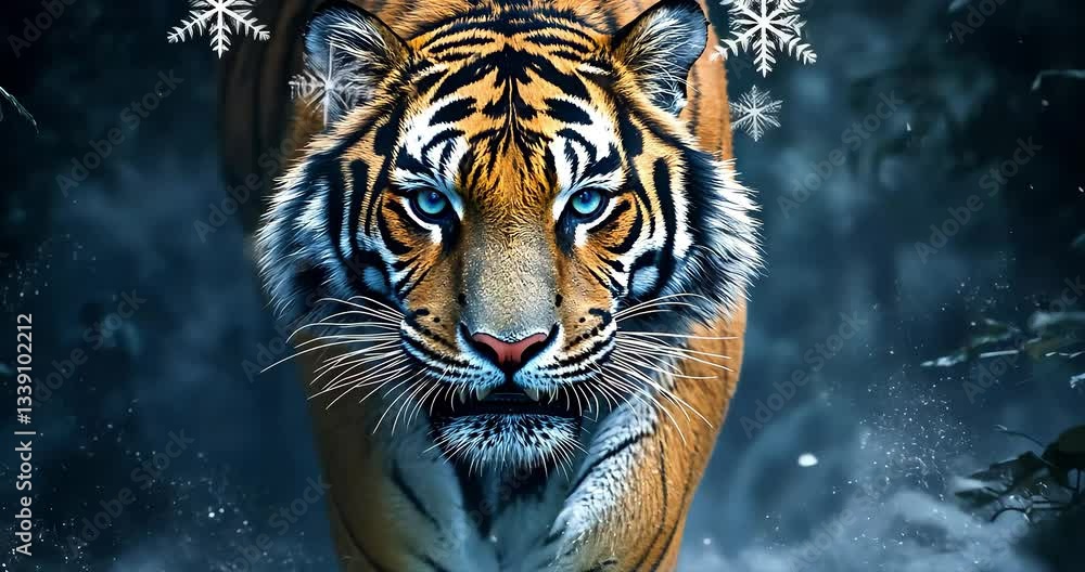 Tiger in winter forest, majestic, walking Tiger in winter forest, majestic, walking