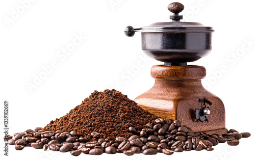 A Vintage Coffee Grinder Next to a Pile of Freshly Ground Coffee Beans, Ready for Brewing Isolated on transparent background PNG