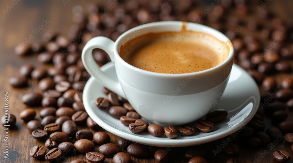 Freshly brewed espresso with a rich golden crema in a white ceramic cup, surrounded by aromatic roasted coffee beans Freshly brewed espresso with a rich golden crema in a white ceramic cup, surrounded by aromatic roasted coffee beans