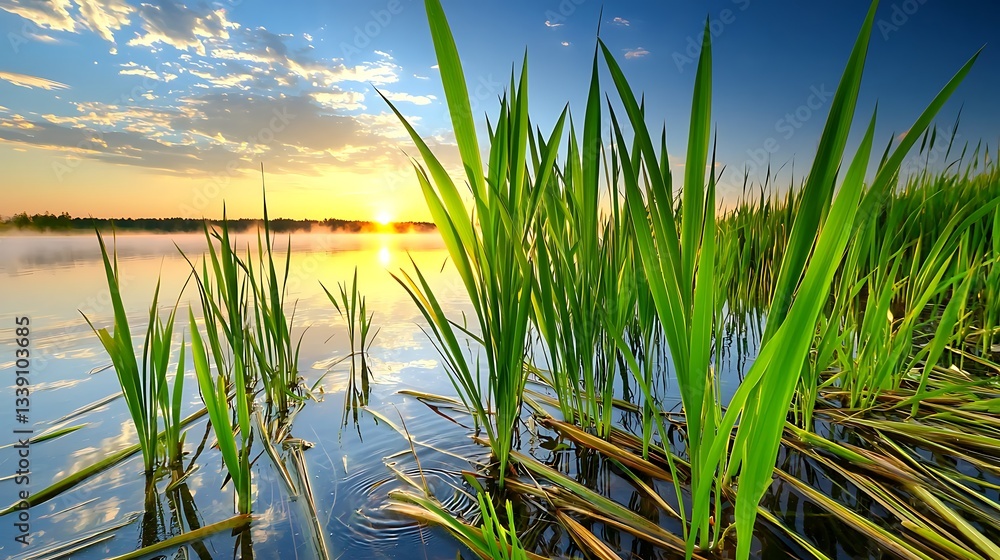 Obraz premium Serene Sunrise over Calm Waters with Lush Green Grasses Reflecting on Tranquil Lake Surface