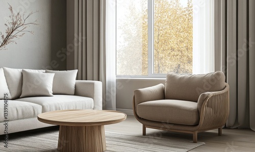 Modern living room interior featuring sofa and natural light through windows