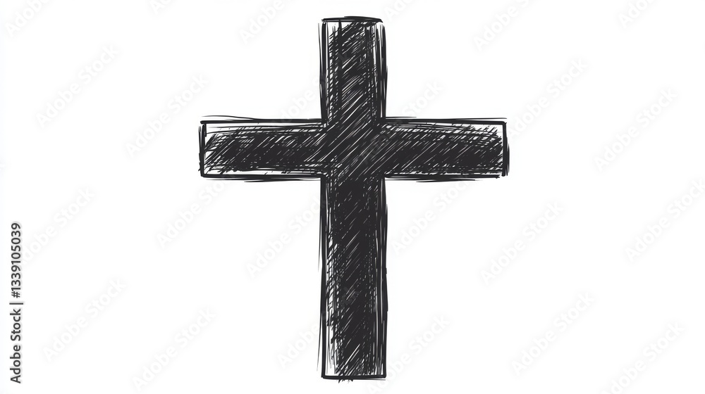 Hand drawn black cross symbol on white background for religious design