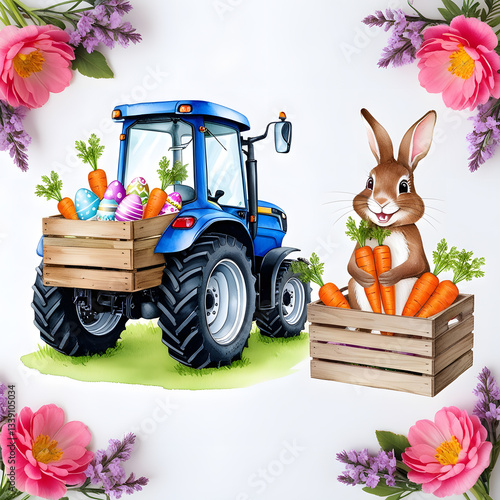 A blue tractor with a wooden crate full of colorful Easter eggs and carrots.