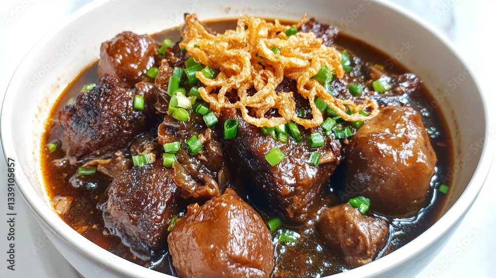 A bowl of Sup Ekor, a Malaysian oxtail soup with spicy broth, garnished with fried shallots and green onions A bowl of Sup Ekor, a Malaysian oxtail soup with spicy broth, garnished with fried shallots and green onions