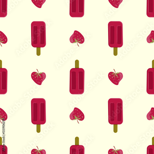 Seamless pattern with red strawberry popsicles and fresh strawberries on a light background. Perfect for summer-themed designs, packaging, and textiles.
