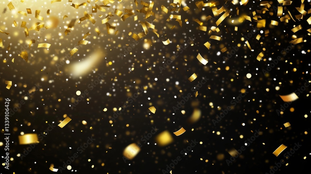 Obraz premium Festive celebration with golden confetti and sparkling lights on dark background