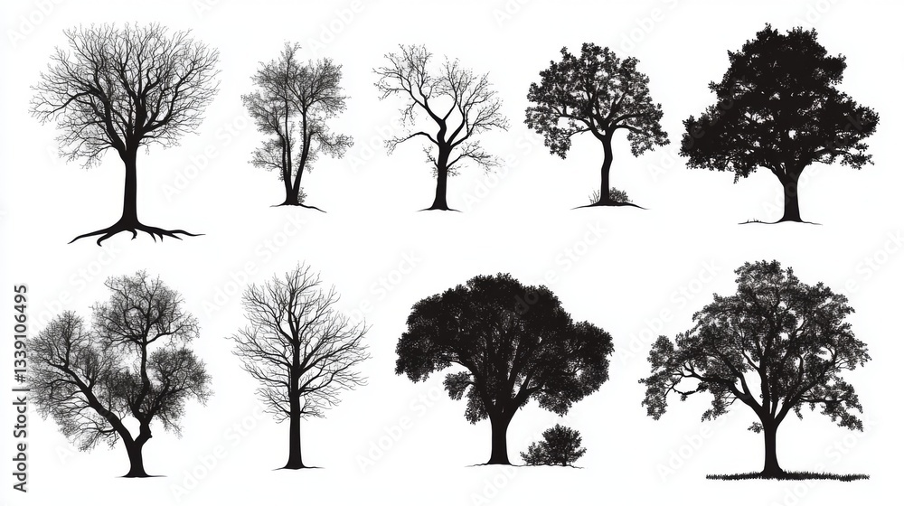 Fototapeta premium Silhouette collection of diverse tree shapes for nature and design concepts