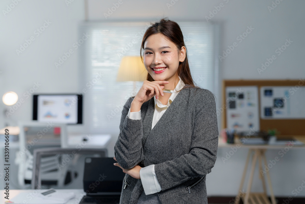 Portrait of a smiling businesswoman standing in a modern office, exuding confidence and professionalism Portrait of a smiling businesswoman standing in a modern office, exuding confidence and professionalism