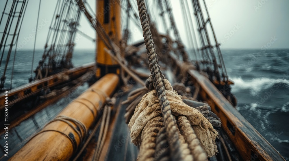 Obraz premium Vintage sailing ship's bow, ropes and mast