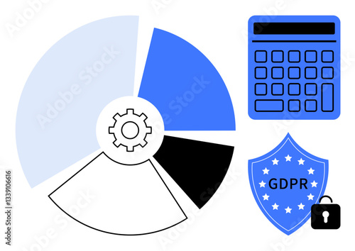 Pie chart with gear, calculator, GDPR shield with lock illustrating data protection, analysis, compliance. Ideal for cybersecurity, data management, regulatory requirements, business strategy