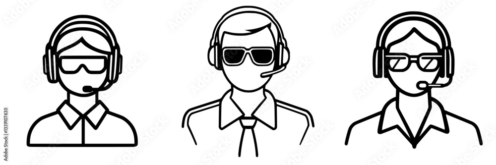 Diverse group of customer support representatives wearing headsets and sunglasses in a contemporary office setting Diverse group of customer support representatives wearing headsets and sunglasses in a contemporary office setting