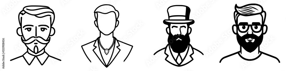 Diverse styles of male portraits showcasing various facial hair and fashion choices Diverse styles of male portraits showcasing various facial hair and fashion choices