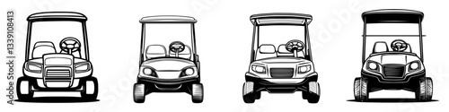 Collection of four golf carts displayed from the front, showcasing various designs and features in a clean and simple style