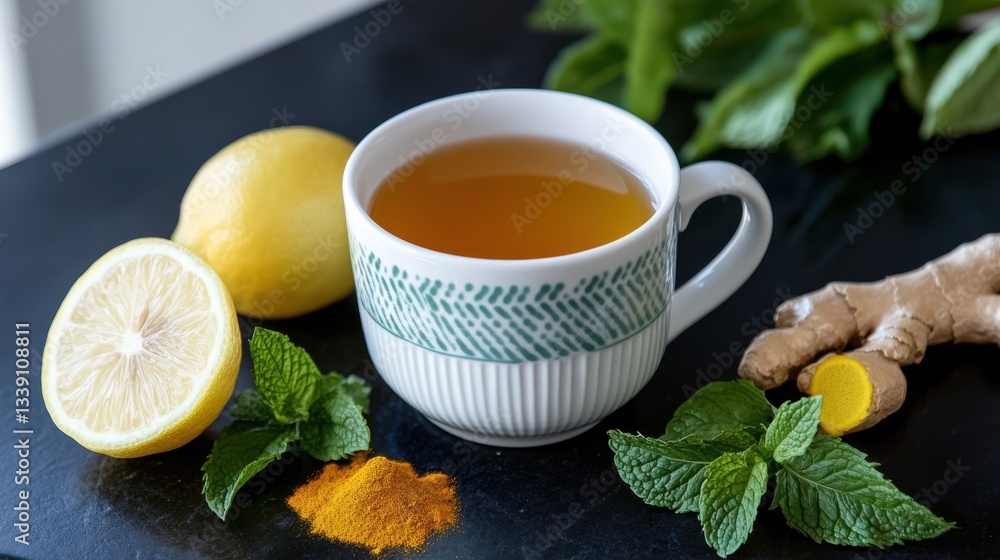 Relaxing Cup of Tea with Fresh Lemon and Mint for a Refreshing Experience Relaxing Cup of Tea with Fresh Lemon and Mint for a Refreshing Experience