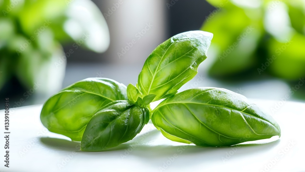 Fototapeta premium Fresh green basil leaves arranged on a surface, showcasing their vibrant color and smooth texture. Concept Fresh Basil Leaves, Vibrant Green Color, Smooth Texture, Culinary Herb, Botanical Aesthetics