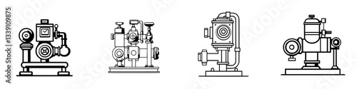 Detailed illustrations of industrial pumps showcasing various designs and configurations in a clean and minimalist style
