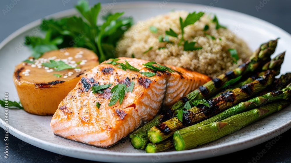 Delicious Plate of Grilled Salmon with Fresh Asparagus and Lemon Slice Delicious Plate of Grilled Salmon with Fresh Asparagus and Lemon Slice