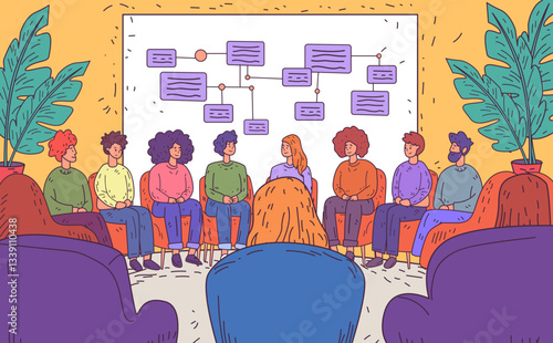Group discussion teamwork concept people sitting in a circle with flowchart on board plants in background colorful design meeting scene