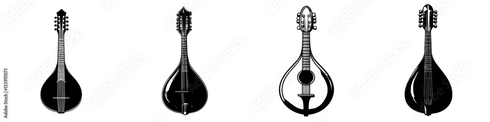 Various traditional string instruments displayed in silhouette against a plain background Various traditional string instruments displayed in silhouette against a plain background