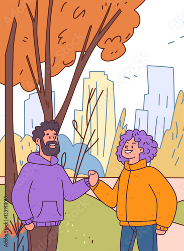 Two people shaking hands in a park scene with autumn trees and city skyline. Bright colors and cartoon style. Suitable for website design or banner