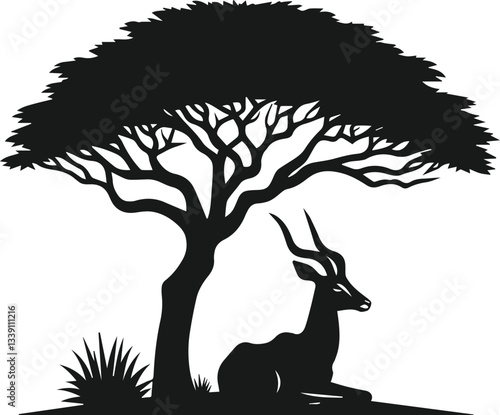 Antelope sitting near a tree for shade silhouette vector animal illustration