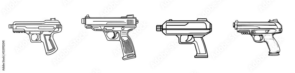 Different designs of handguns displayed side by side in a minimalist style for educational purposes Different designs of handguns displayed side by side in a minimalist style for educational purposes