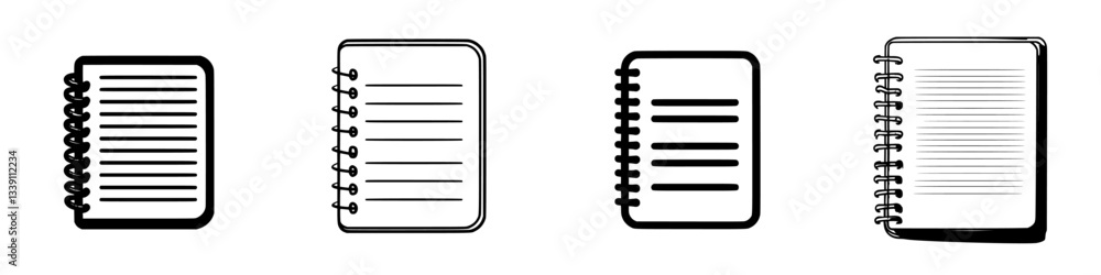 Variety of notebook designs showcasing different styles and layouts from top view in black and white Variety of notebook designs showcasing different styles and layouts from top view in black and white