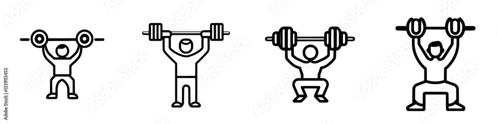 Different weightlifting exercises illustrated with simple figures performing squats and overhead presses in a monochromatic style Different weightlifting exercises illustrated with simple figures performing squats and overhead presses in a monochromatic style