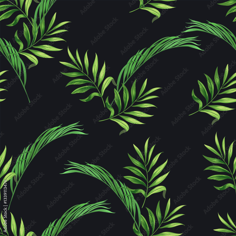 Obraz premium Seamless tropical vector pattern with tropical plants and palm leaves. Vector summer background. Stock vector ESP 10
