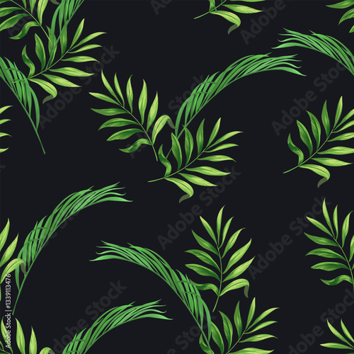 Seamless tropical vector pattern with tropical plants and palm leaves. Vector summer background. Stock vector ESP 10