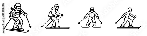 Different skiing styles displayed by skiers in winter sports activity on snowy slopes in various poses