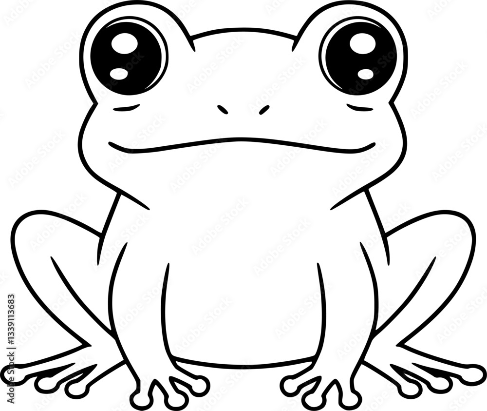 Cute cartoon frog, black and white line drawing, large round eyes, simple design, front view, symmetrical, webbed feet, minimalist style, clean lines, vector illustration, children's book character, a Cute cartoon frog, black and white line drawing, large round eyes, simple design, front view, symmetrical, webbed feet, minimalist style, clean lines, vector illustration, children's book character, a