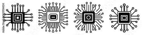 Collection of microchip designs showcasing intricate circuit patterns and connections in a technological theme