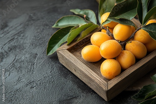 Wallpaper Mural loquat on wooden tray and inset dark background ai generation Torontodigital.ca