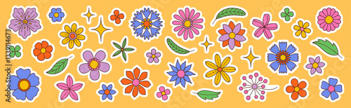 Contemporary fun groovy floral set. Hand drawn trendy flat style isolated simple naive flowers. Groovy flower Sticker pack in retro trippy style. Hippie 60s, 70s doodle style. Vector illustration