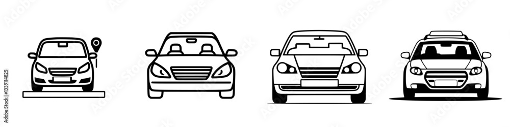 Collection of simple outline illustrations of different car designs in various perspectives and angles Collection of simple outline illustrations of different car designs in various perspectives and angles