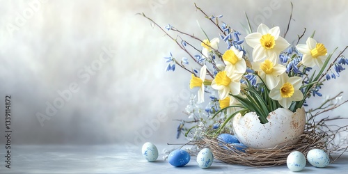 Wallpaper Mural bouquet of spring flowers daffodils and hyacinths with easter eggs on light background ai generation Torontodigital.ca
