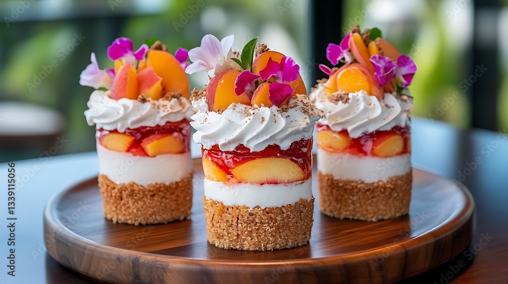 Mini peach desserts on a wooden tray on a table Mini peach desserts on a wooden tray on a table