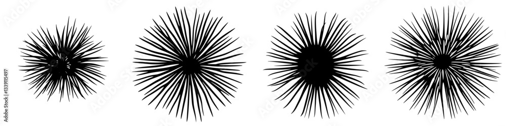 Intricate black illustrations of burst-like shapes with varying dynamics and textures in a simple layout Intricate black illustrations of burst-like shapes with varying dynamics and textures in a simple layout