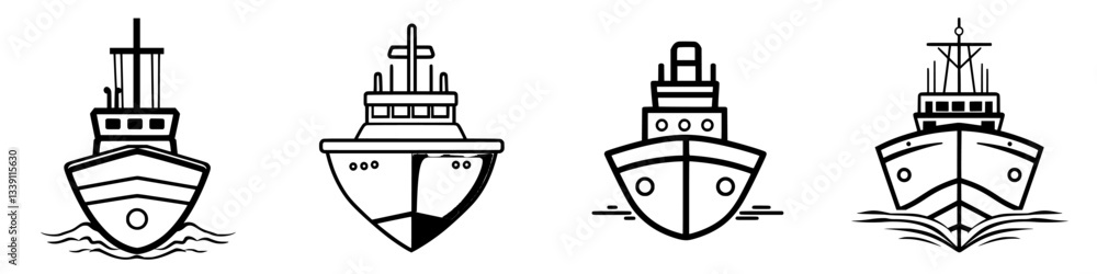 Four distinct boat designs illustrated in a minimalist style on a white background showcasing different maritime themes Four distinct boat designs illustrated in a minimalist style on a white background showcasing different maritime themes
