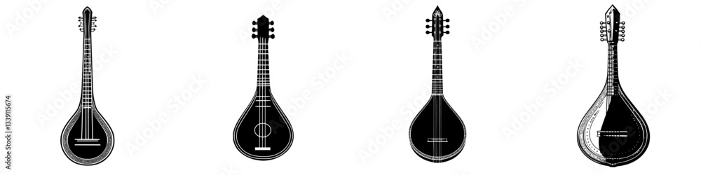 Various styles of traditional string instruments displayed in a creative arrangement Various styles of traditional string instruments displayed in a creative arrangement