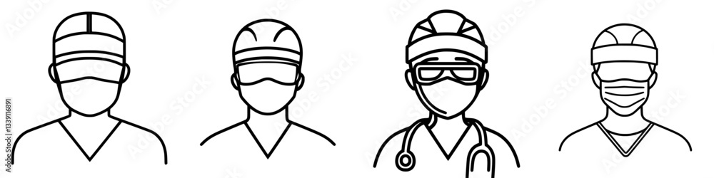 Illustrations of medical professionals wearing various hats and masks representing diverse roles in healthcare Illustrations of medical professionals wearing various hats and masks representing diverse roles in healthcare