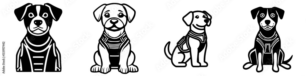Dogs in various poses wearing harnesses showcase friendly personalities and unique styles Dogs in various poses wearing harnesses showcase friendly personalities and unique styles