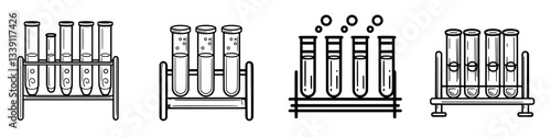 Collection of laboratory test tubes arranged in racks showcasing various experiments in a science lab environment