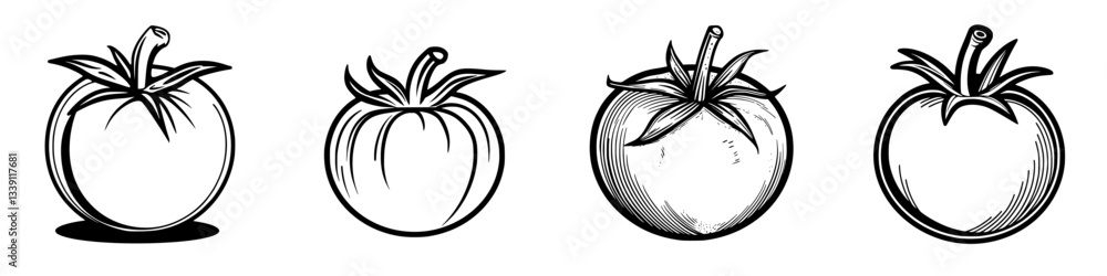 Various artistic representations of tomatoes showing different styles and designs in black and white Various artistic representations of tomatoes showing different styles and designs in black and white