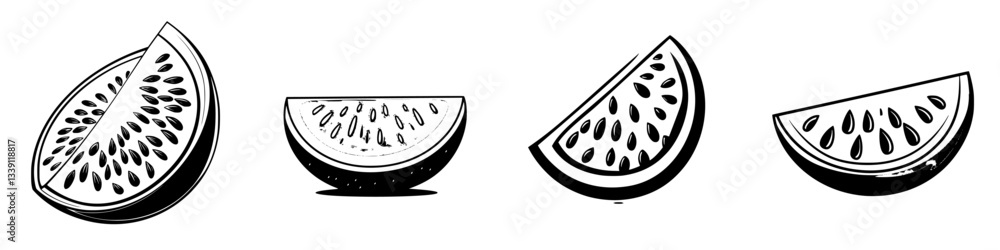 Slices of watermelon arranged in a row on a plain background showcasing different angles and textures of the fruit Slices of watermelon arranged in a row on a plain background showcasing different angles and textures of the fruit