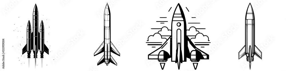 Various rocket designs showcasing different styles and features with emphasis on propulsion and launch aesthetics Various rocket designs showcasing different styles and features with emphasis on propulsion and launch aesthetics