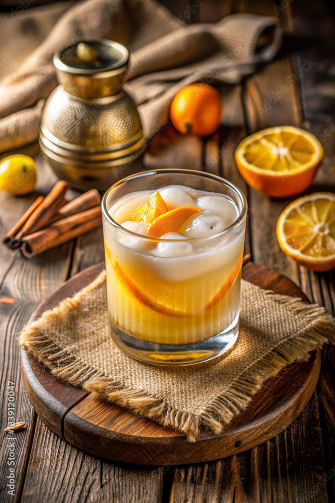 Whiskey Sour cocktail garnished with orange slices on a rustic wooden background Whiskey Sour cocktail garnished with orange slices on a rustic wooden background