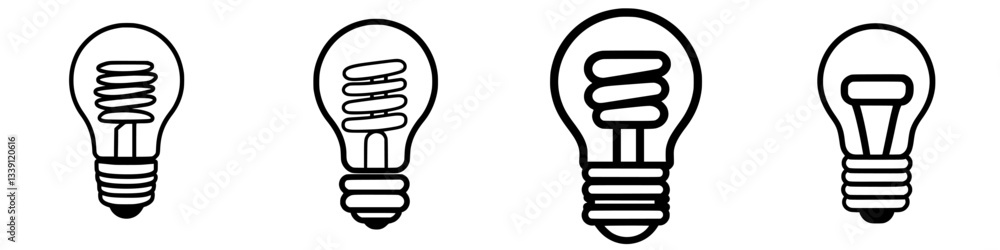 Various designs of energy-efficient light bulbs displayed in a row showcasing modern trends in eco-friendly lighting solutions Various designs of energy-efficient light bulbs displayed in a row showcasing modern trends in eco-friendly lighting solutions