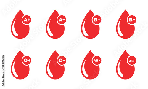 Blood group vector icons isolated on white. Drops of blood with blood type